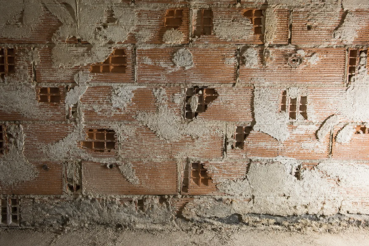 Mur mitoyen en briques plâtrières mis à nu dans un appartement avant travaux de doublage