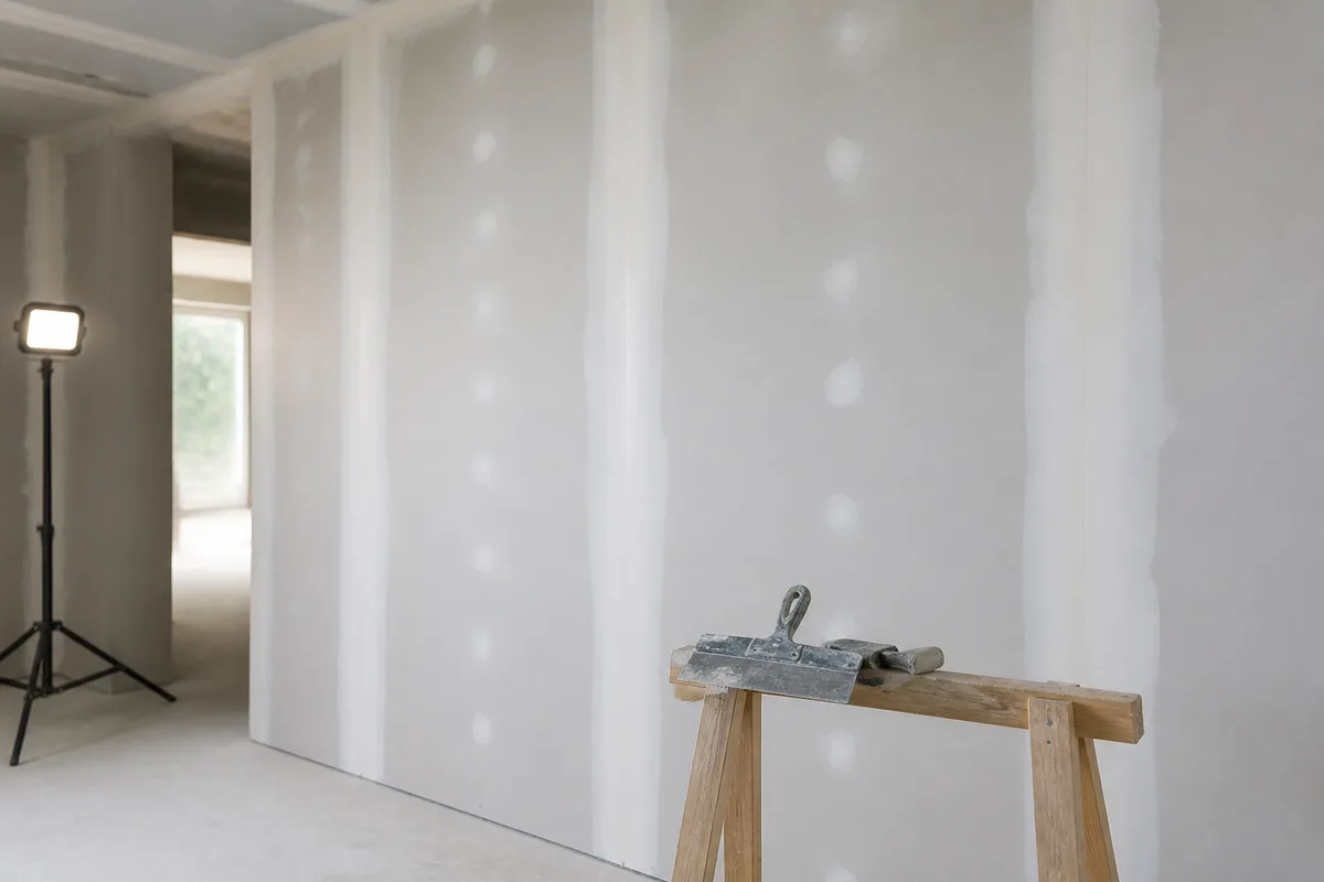 Plaques de plâtre posées en double épaisseur sur un doublage acoustique, joints en cours de bandage