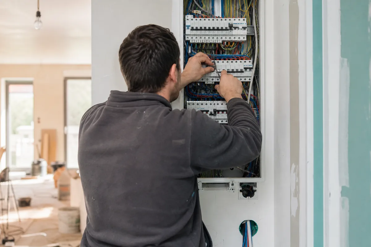 Électricien raccordant les circuits d’un tableau électrique moderne