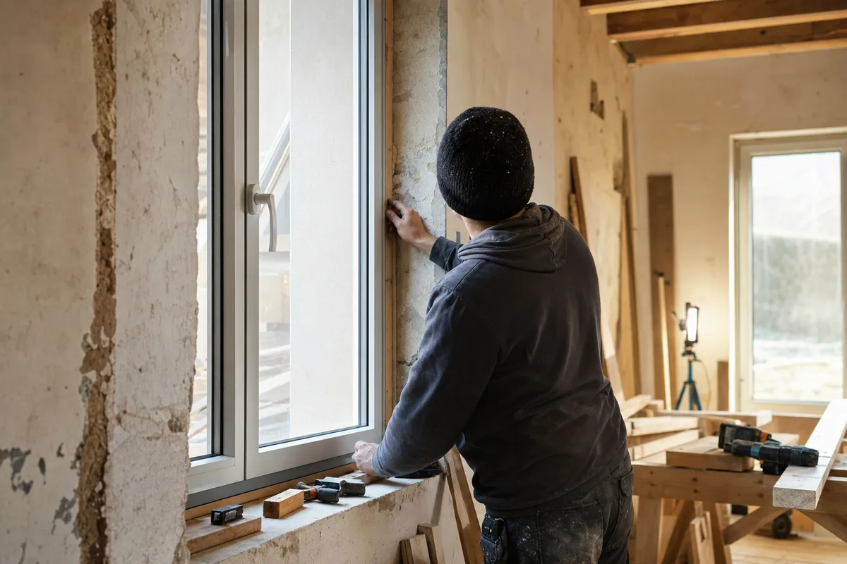 Menuisier ajustant un châssis de fenêtre en atelier