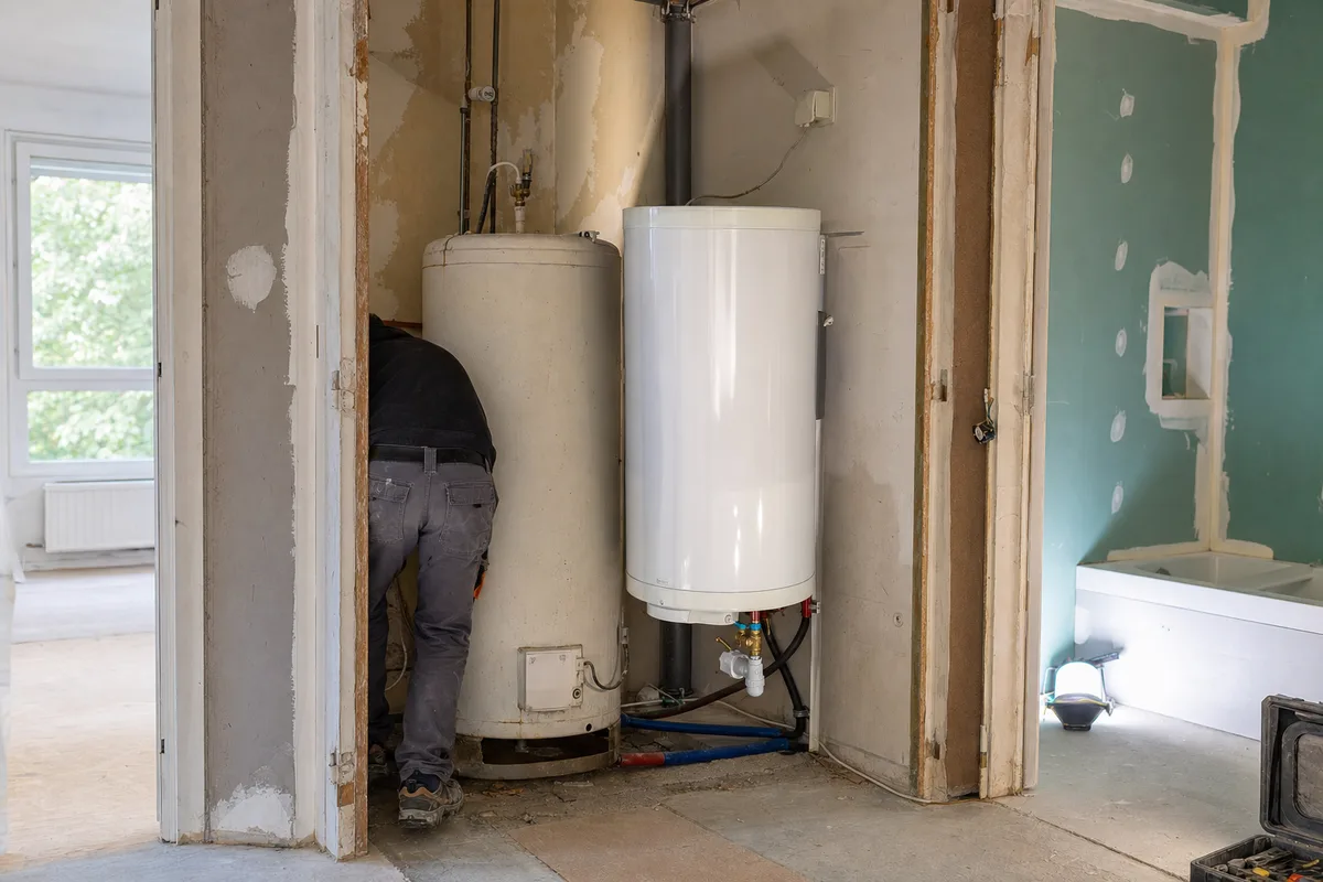 Chauffe-eau électrique en cours de remplacement dans un logement