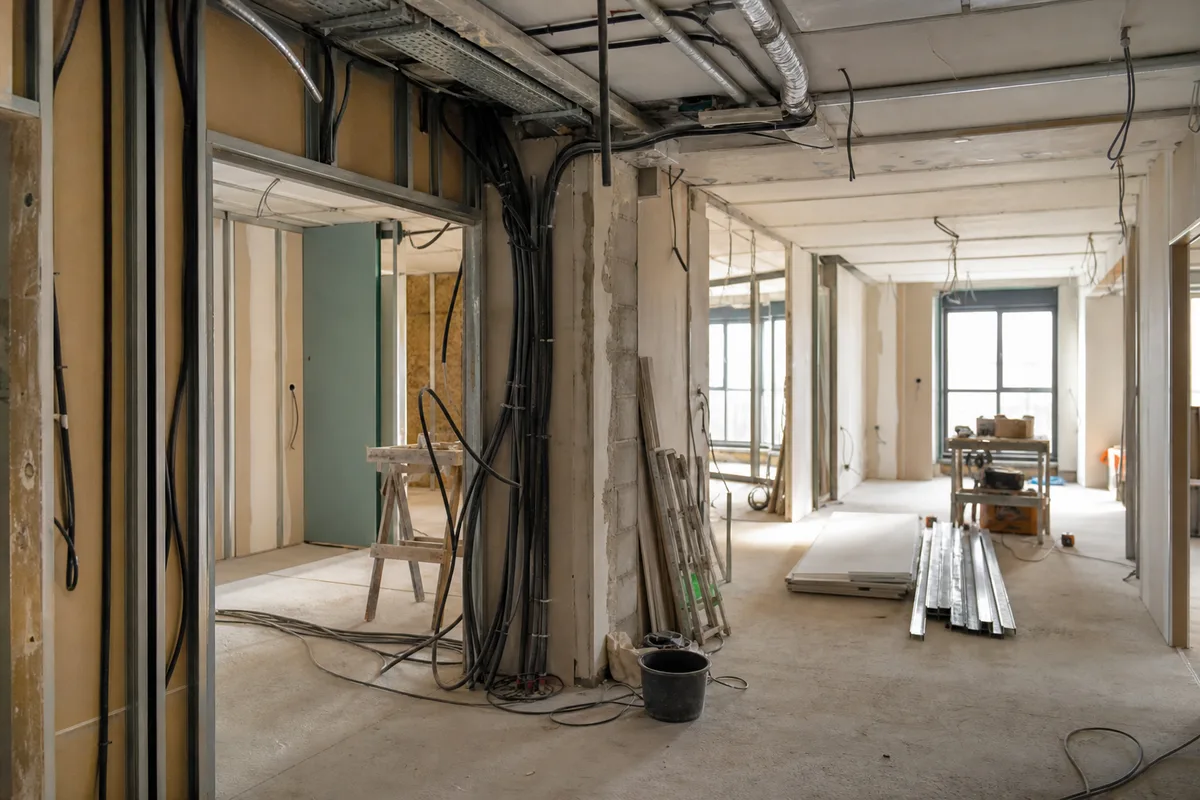 Chantier de rénovation intérieure en cours, cloisons ouvertes et gaines apparentes