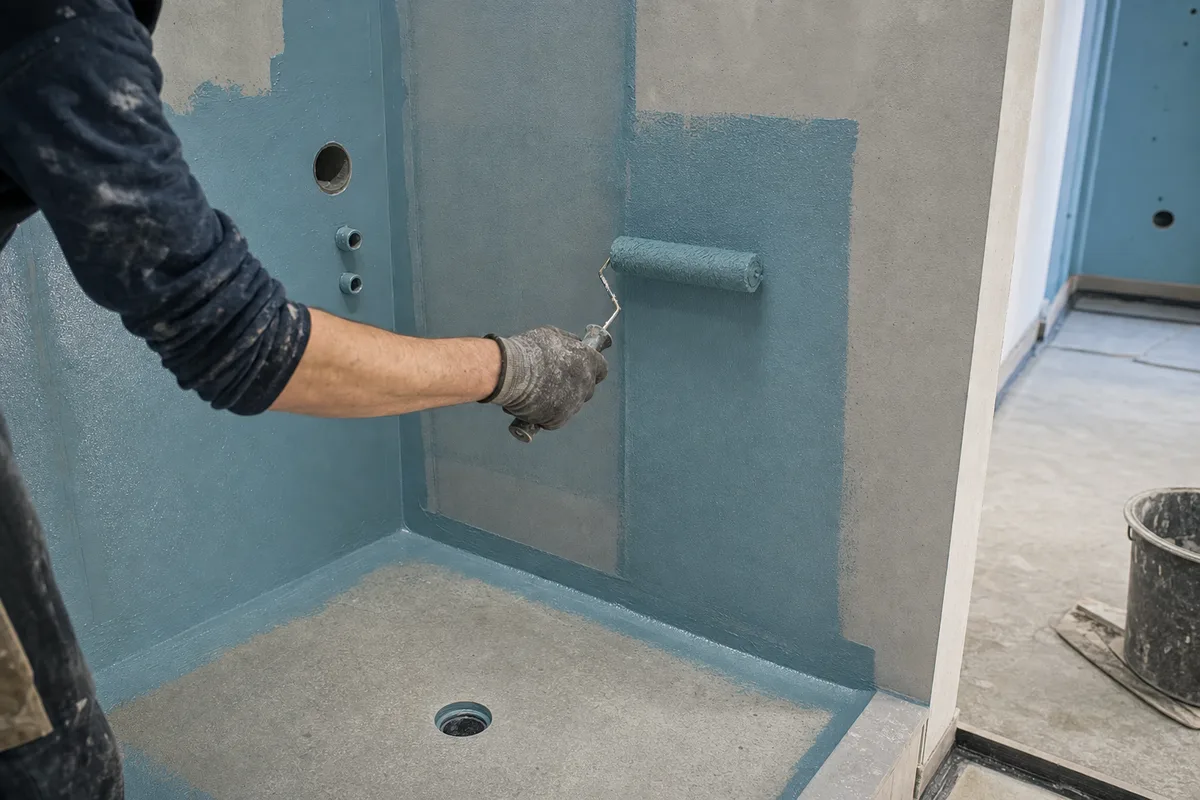 Étanchéité liquide appliquée au rouleau dans une douche avant la pose du carrelage