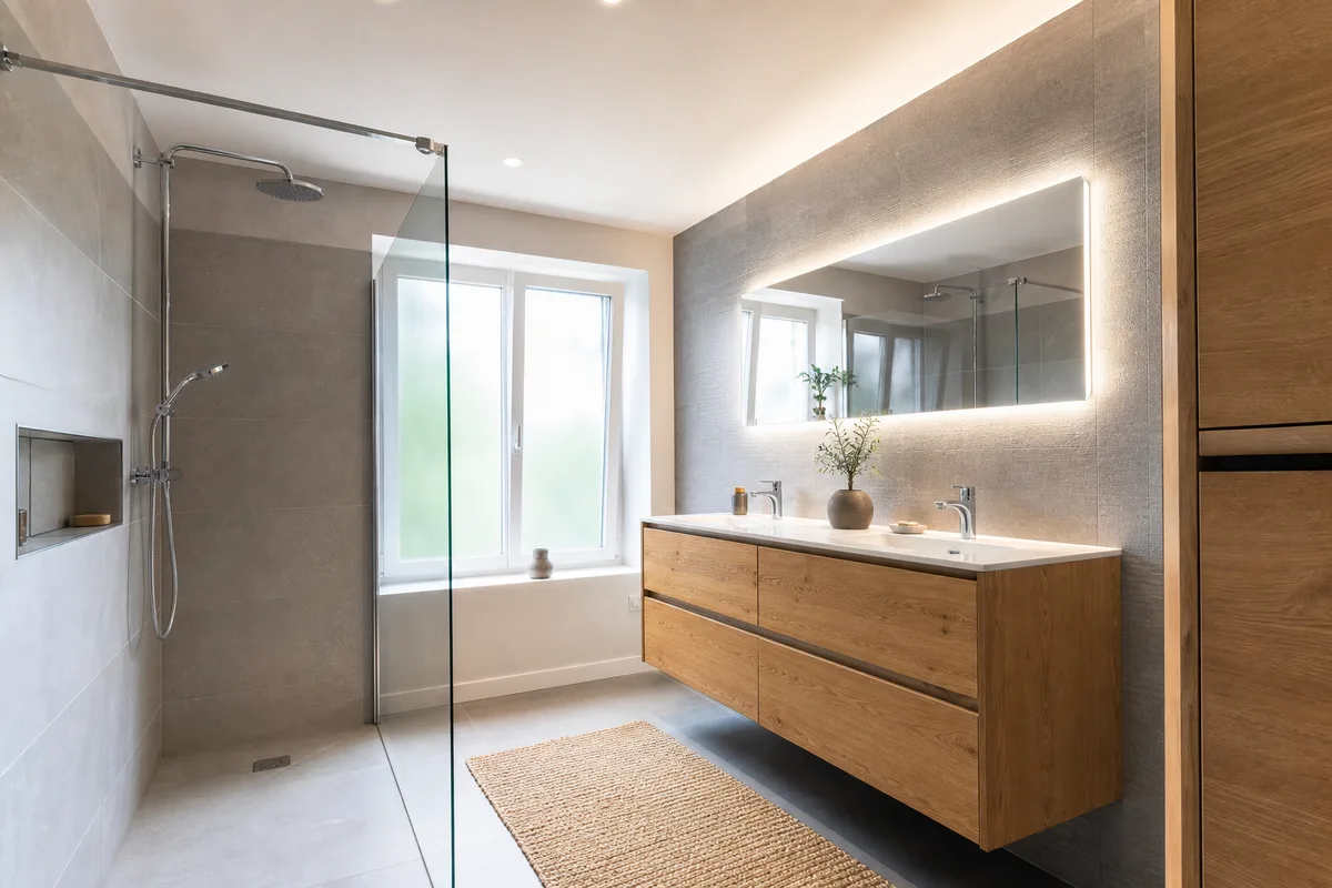 Salle de bain rénovée avec douche de plain-pied et meuble vasque suspendu
