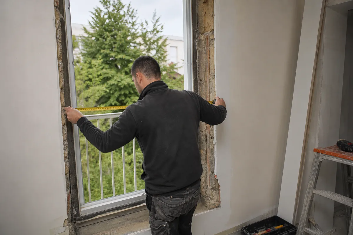 Vitrier prenant les mesures d’une ouverture avant remplacement du vitrage